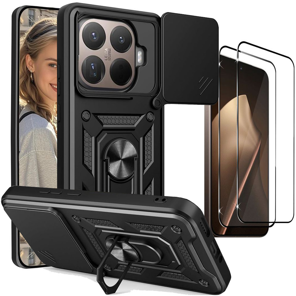 Hybrydowe Etui Ring Camshield | Czarne + 2x SZKŁO 5D do Xiaomi 15T Pro 5G