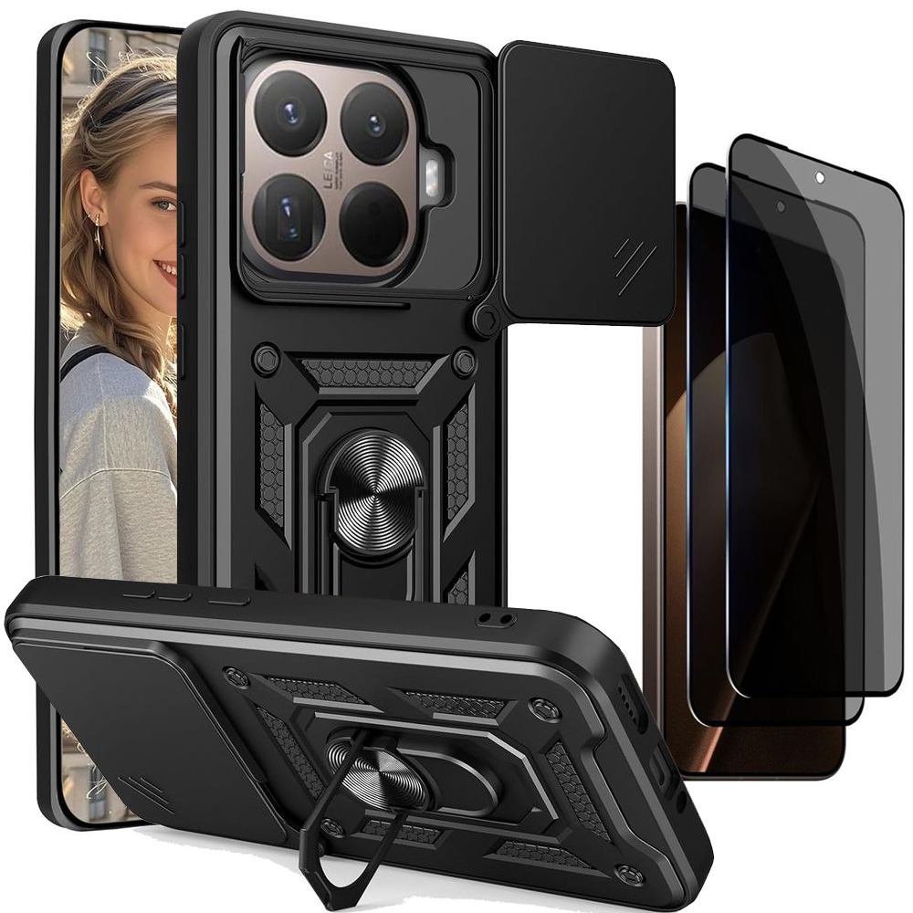 Hybrydowe Etui Ring Camshield | Czarne + 2x SZKŁO Privacy do Xiaomi 15T Pro 5G