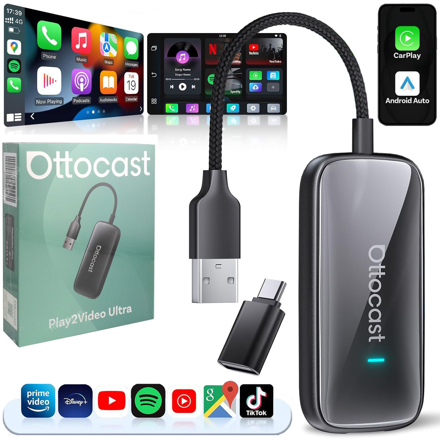 Ottocast Play2Video Ultra | Bezprzewodowy Adapter do Samochodu z Apple CarPlay i Android Auto