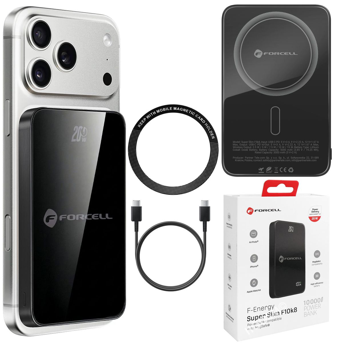 Forcell SuperSlim F10K8 | Magnetyczny Powerbank 20W z MagSafe 15W QC4.0 PD3.0 | 10000mAh | Black