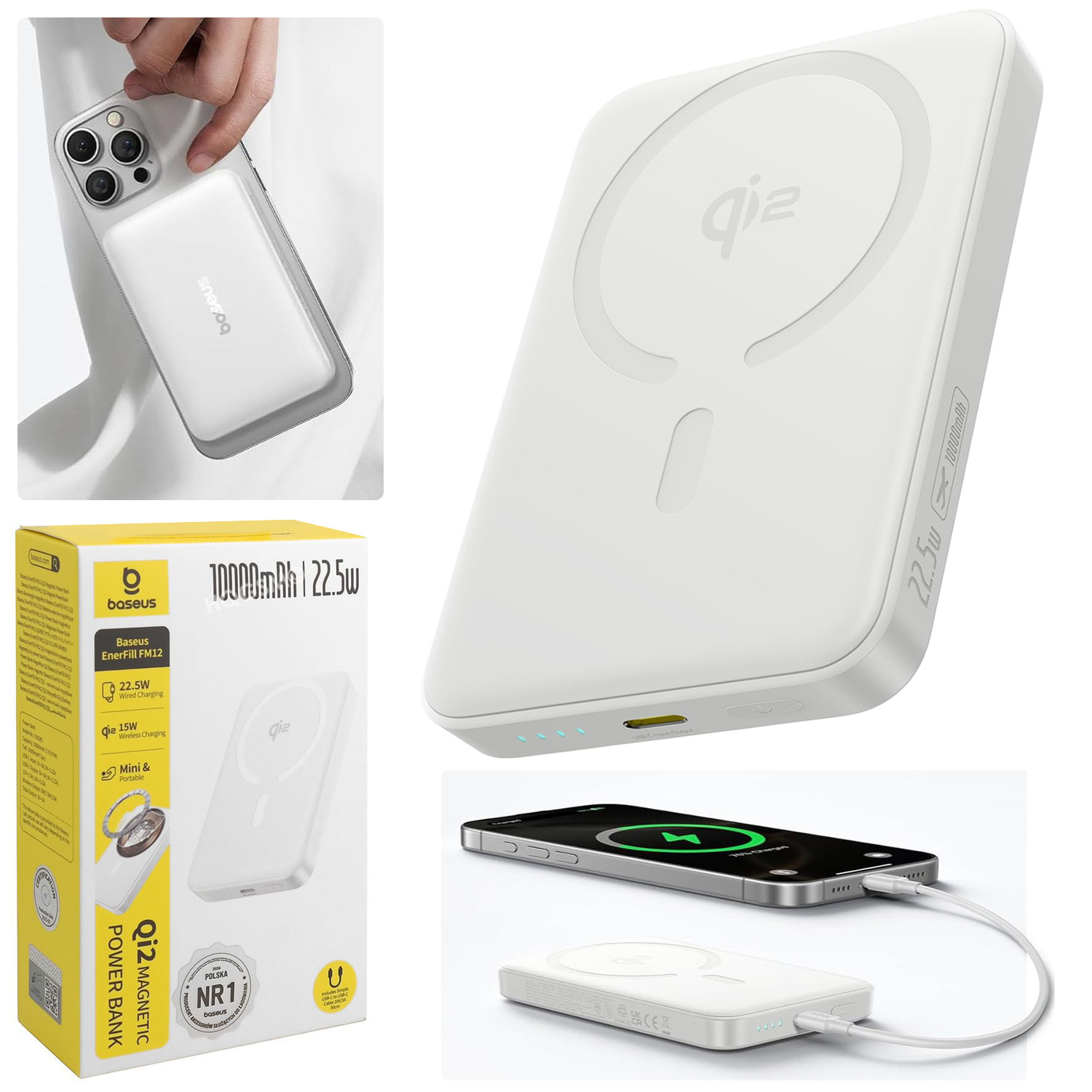Baseus FM12 | Magnetyczny Powerbank 22.5W z Qi2 MagSafe 15W | 10000mAh | Biały