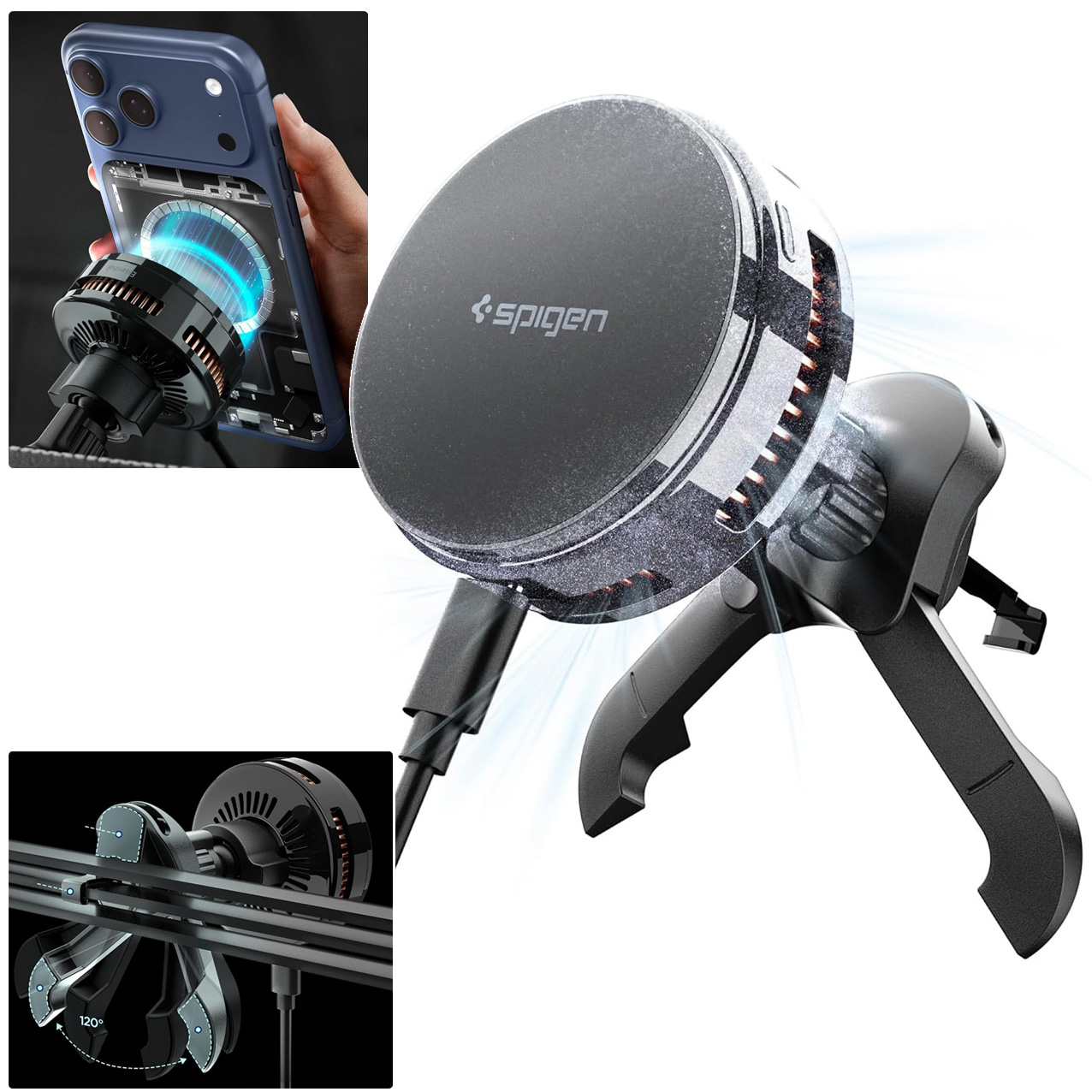 Spigen Essential EV25MFAQ | Uchwyt z Ładowaniem Qi 2.2 25W i Chłodzeniem | do Kratki
