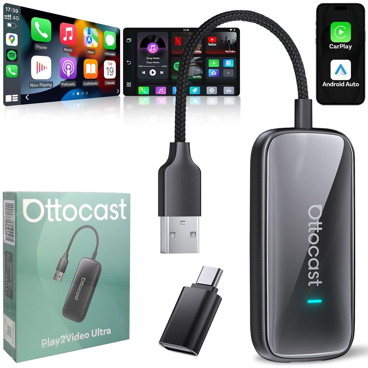 Ottocast Play2Video Ultra | Bezprzewodowy Adapter do Samochodu z Apple CarPlay i Android Auto