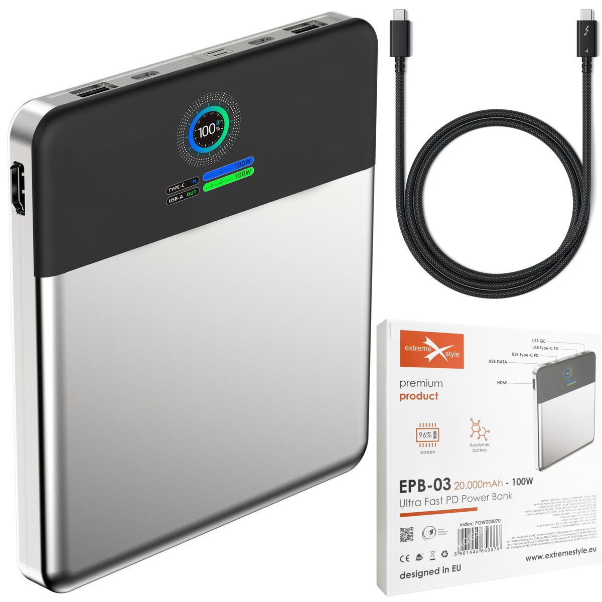 ExtremeStyle | 2w1 Powerbank + HUB HDMI 4K | PD3.0 QC4.0+ | 2x USB-C 2x USB | 20000mAh 100W + Kabel Thunderbolt 4