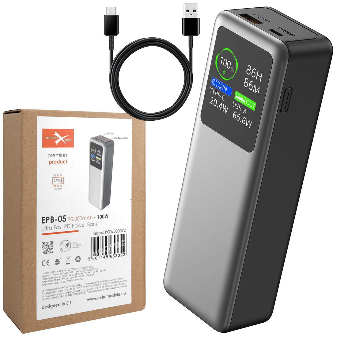 Extreme Style | Powerbank z Wyświetlaczem | PD3.0 QC4.0+ | USB-C USB | 20000mAh 100W