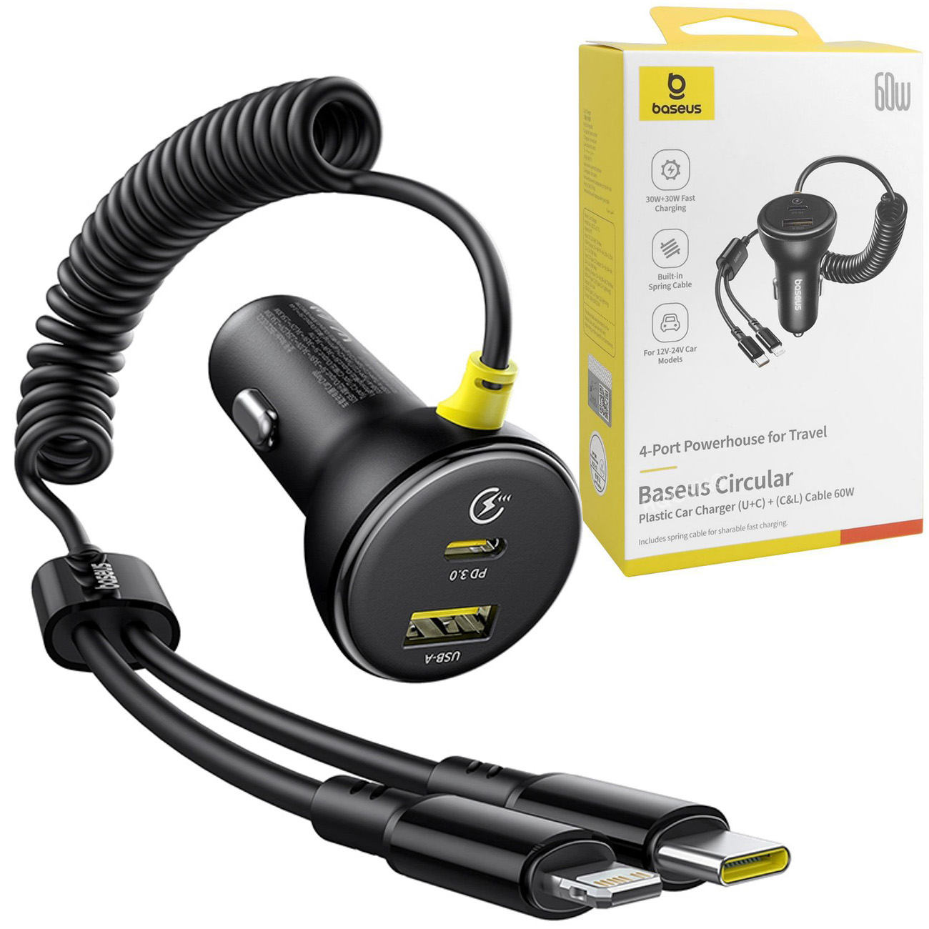 Baseus | Ładowarka Samochodowa 4-portowa 60W | Kabel USB-C i Lightning + USB-C USB-A