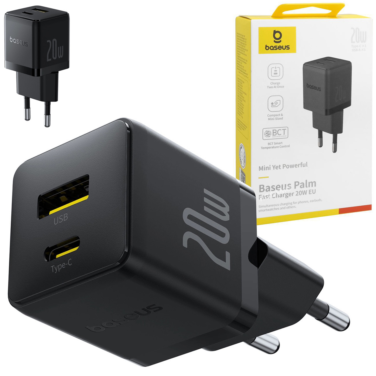 Baseus | Mini Ładowarka Sieciowa USB-A USB-C | 20W | Czarna