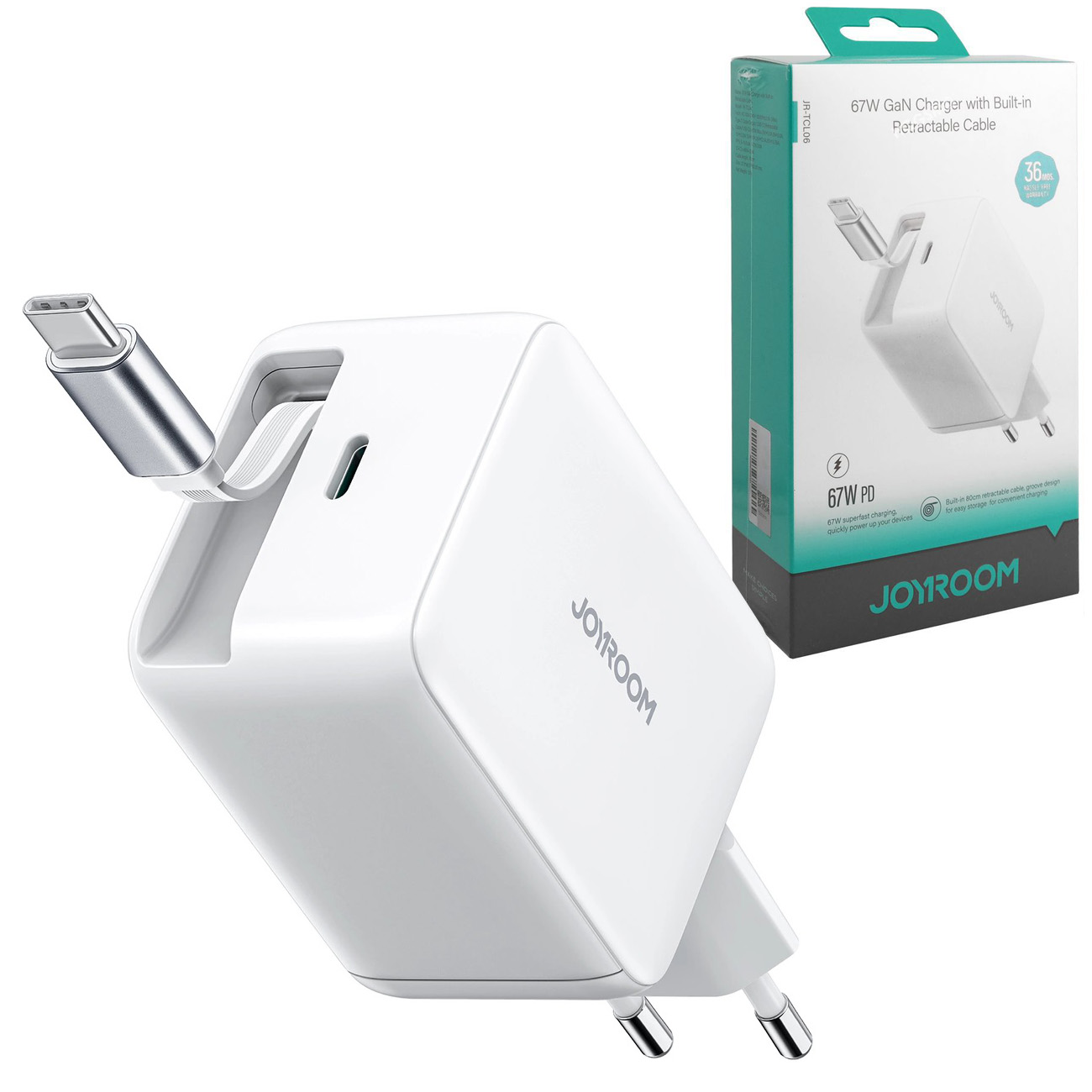 Joyroom | Ładowarka Sieciowa USB-C + Zintegrowany Zwijany Kabel USB-C | GaN 67W