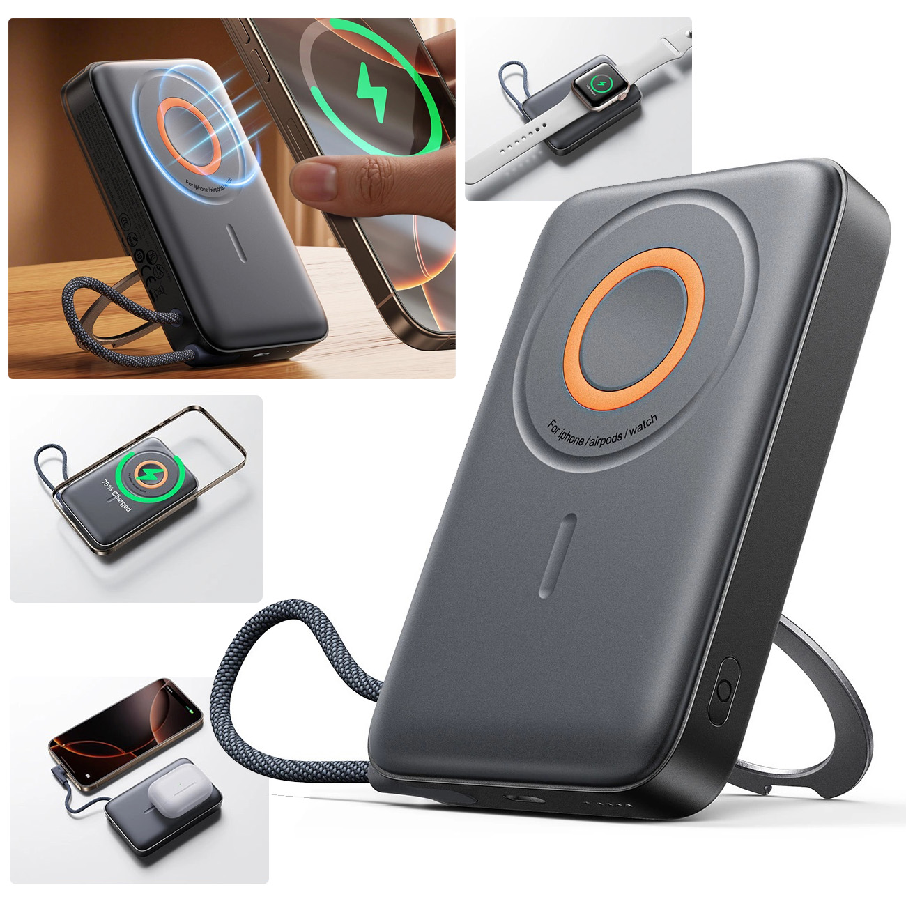 Joyroom | Powerbank 22.5W z MagSafe i Apple iPhone i Watch + Kabel USB-C 10000mAh | Czarny