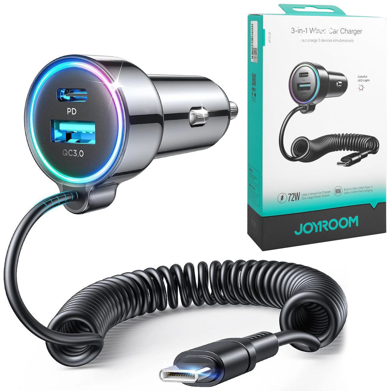 Szybka Ładowarka Samochodowa JoyRoom USB-C na kablu + USB i USB-C 72W PD PPS QC AFC