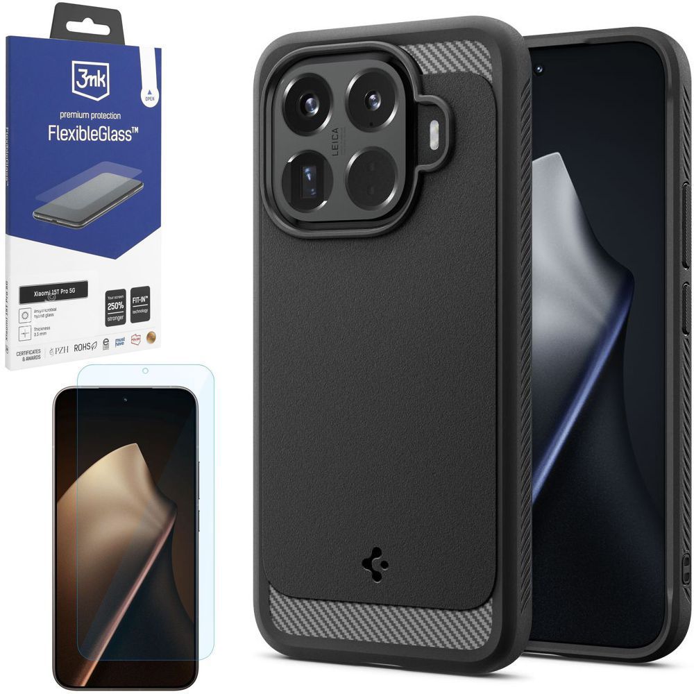 Etui SPIGEN Rugged Armor | Black + SZKŁO 3mk Flexible Glass do Xiaomi 15T Pro 5G