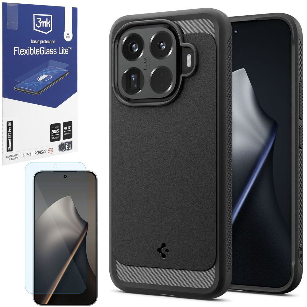 Etui SPIGEN Rugged Armor | Black + SZKŁO 3mk Flexible Glass Lite do Xiaomi 15T Pro 5G
