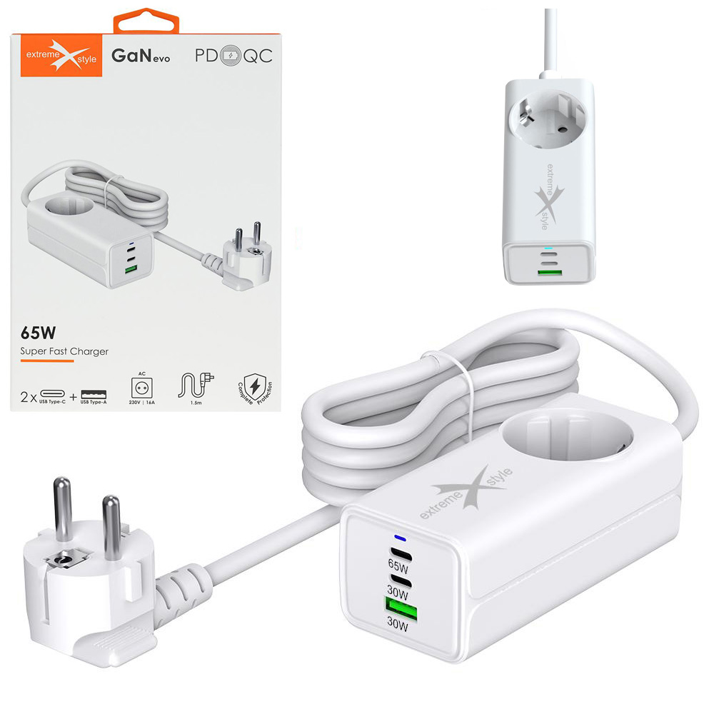 ExtremeStyle | Ładowarka Zasilacz 65W | Gniazdko Kostka AC Schuko 2x USB-C USB-A