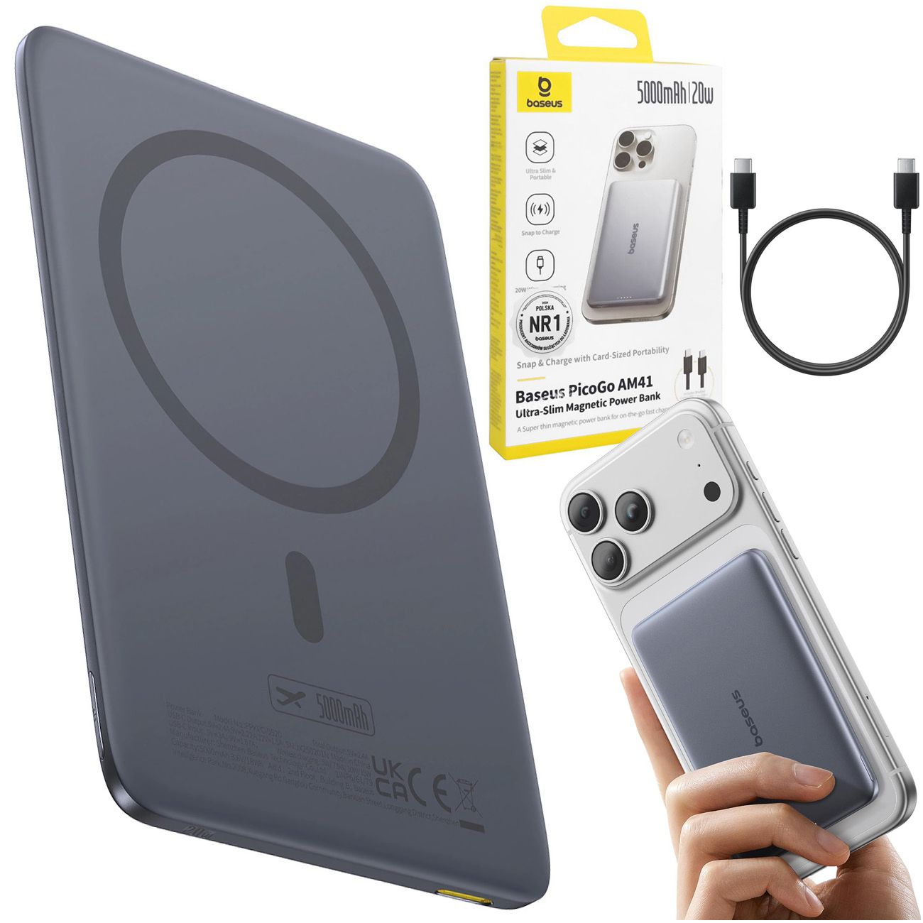 Baseus | Ultra Cienki Powerbank 20W z MagSafe | 5000mAh do Apple iPhone