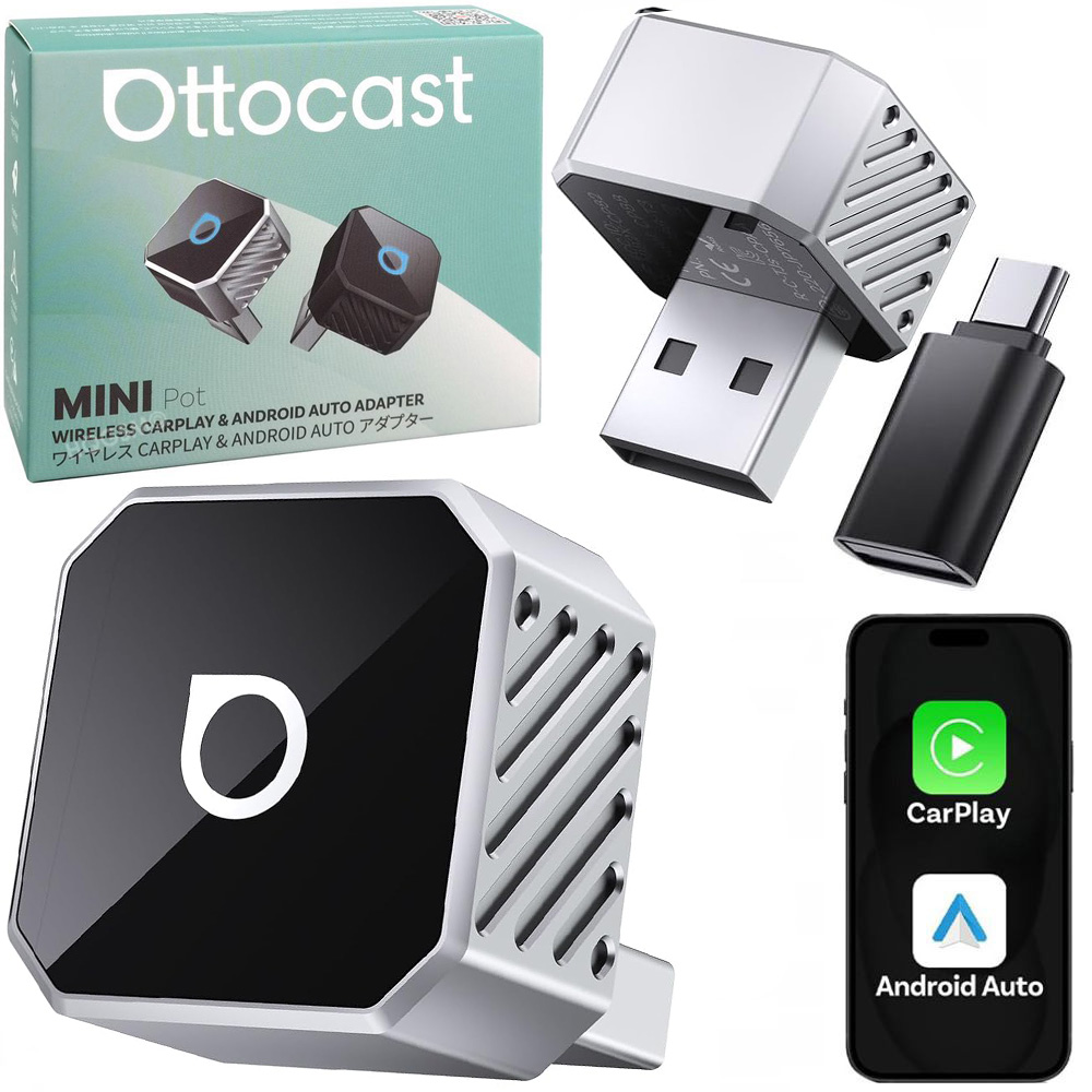 Ottocast Mini Pot T3 | Bezprzewodowy Adapter do Samochodu z Apple CarPlay i Android Auto | Srebrny