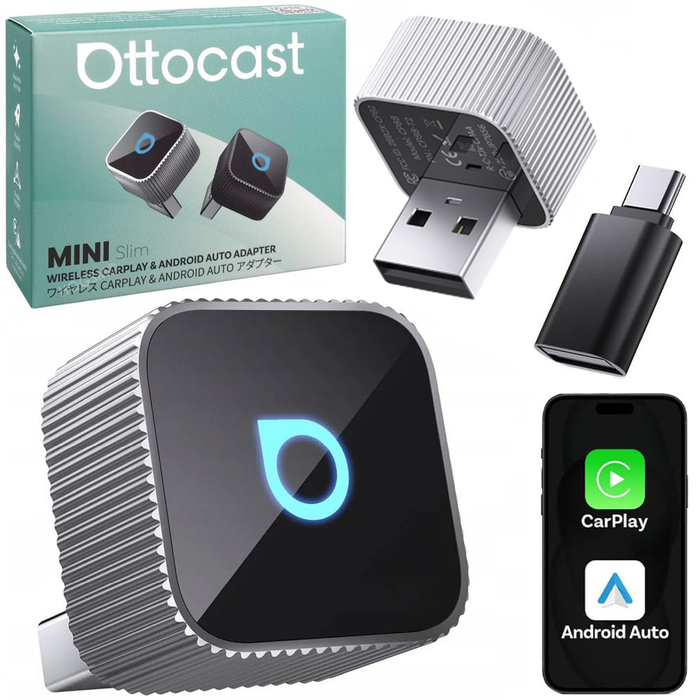 Ottocast Mini Slim T2 | Bezprzewodowy Adapter do Samochodu z Apple CarPlay i Android Auto | Silver