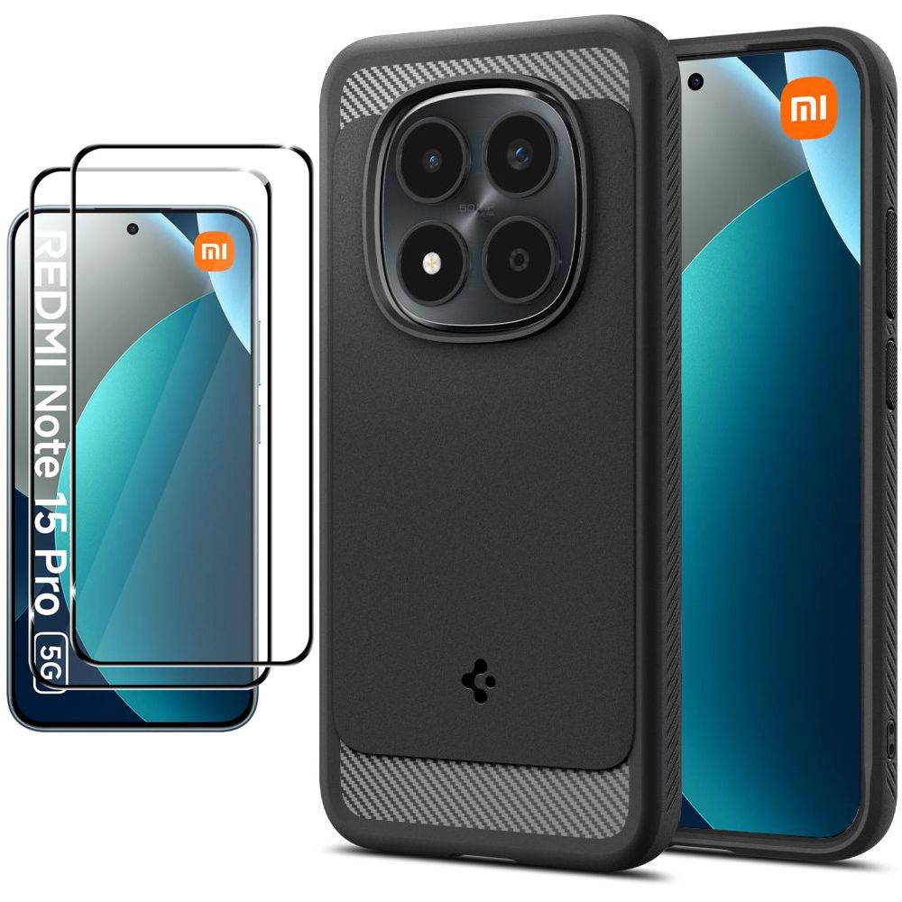 Etui SPIGEN Rugged Armor | Black + 2x SZKŁO 5D do Xiaomi Redmi Note 15 Pro 5G