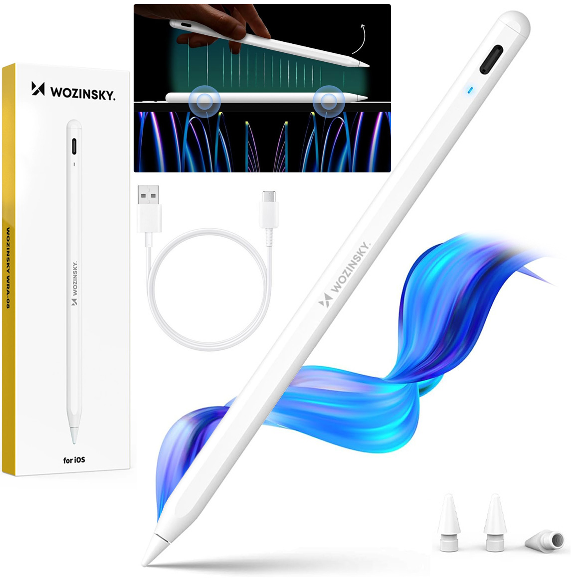 Wozinsky Pencil | Magnetyczny Bezprzewodowy Rysik USB-C + 2x Końcówka | Biały do Apple iPad