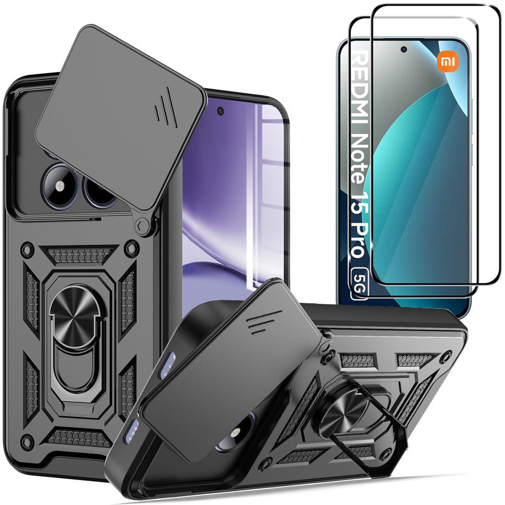 Hybrydowe Etui Ring Camshield | Czarne + 2x SZKŁO 5D do Xiaomi Redmi Note 15 Pro 5G