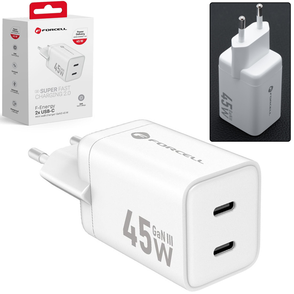 Forcell | Mini Ładowarka Sieciowa 2x USB-C | SFC2.0 GaN3 45W | Biała