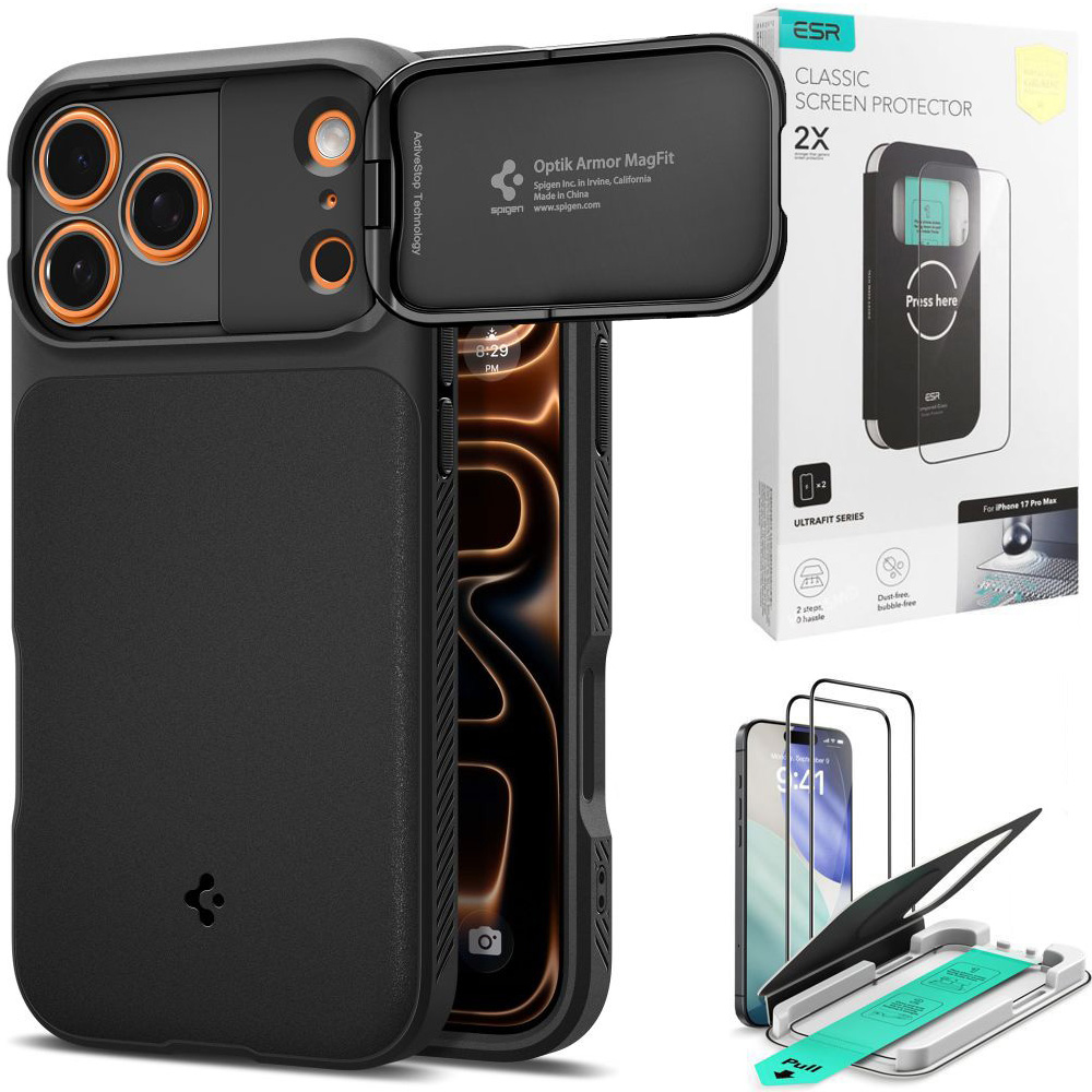 Etui SPIGEN Optik Armor MagSafe | Black + 2x SZKŁO ESR do Apple iPhone 17 Pro Max