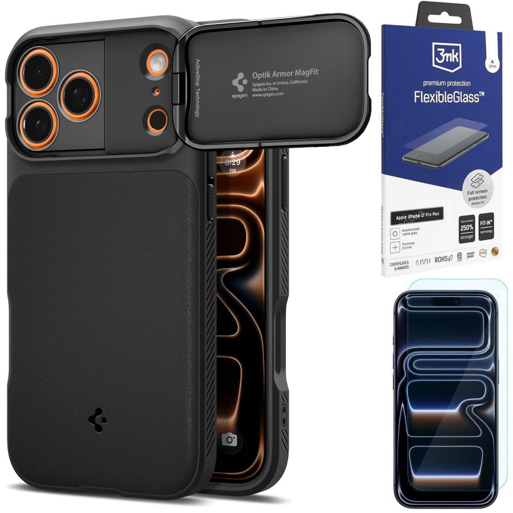 Etui SPIGEN Optik Armor MagSafe | Black + SZKŁO 3mk do Apple iPhone 17 Pro Max