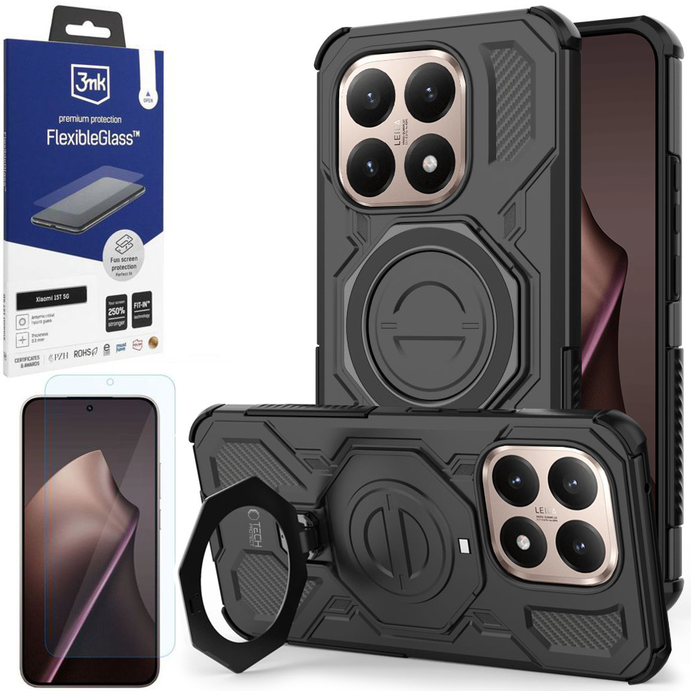 Pancerne Etui MagSafe Ring Stand | Czarne + SZKŁO 3mk Flexible Glass do Xiaomi 15T 5G