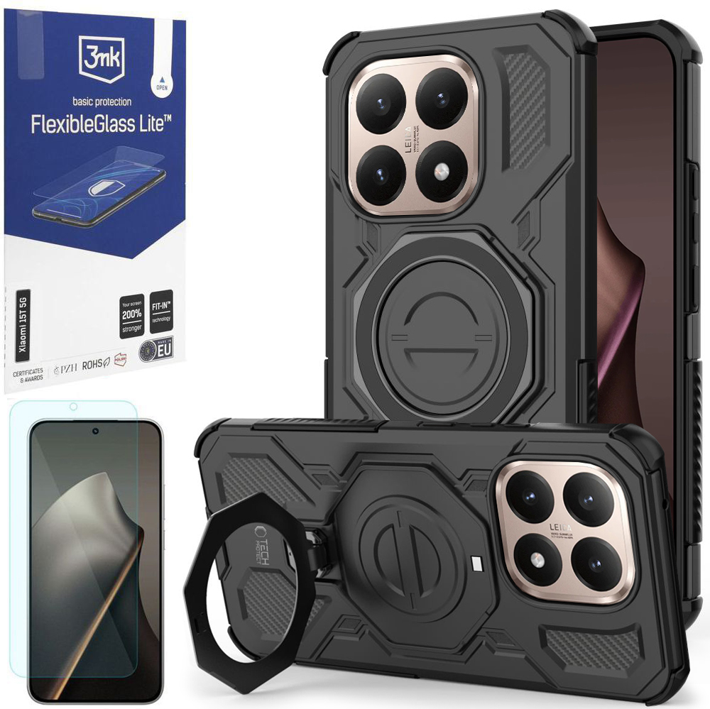 Pancerne Etui MagSafe Ring Stand | Czarne + SZKŁO 3mk Flexible Glass Lite do Xiaomi 15T 5G