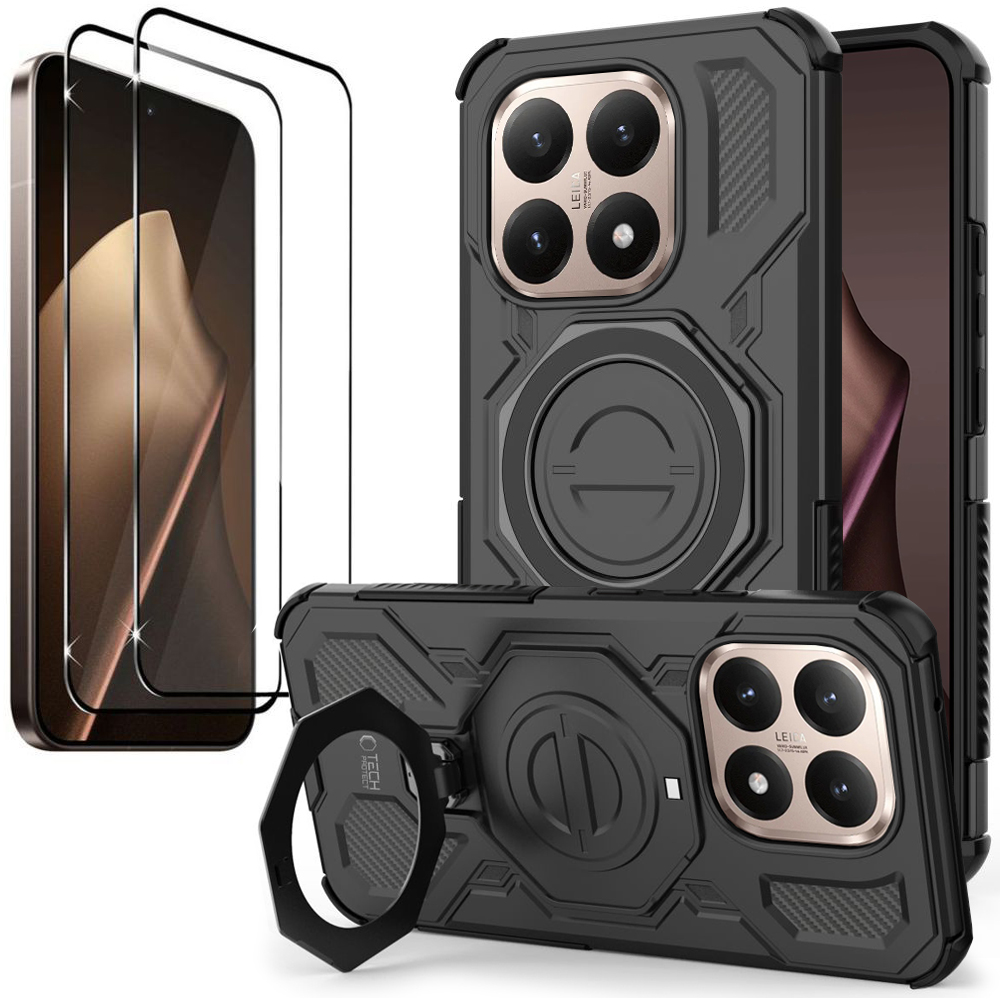 Pancerne Etui MagSafe Ring Stand | Czarne + 2x SZKŁO 5D do Xiaomi 15T 5G