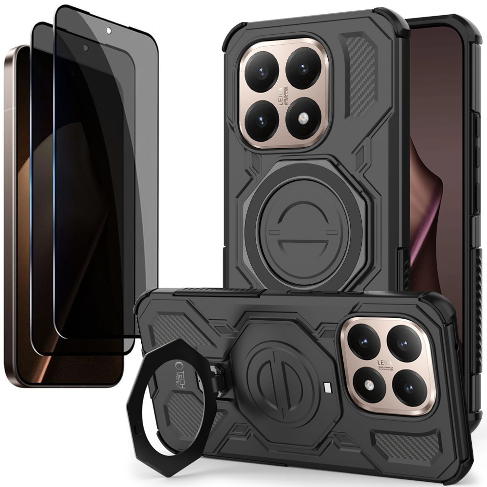 Pancerne Etui MagSafe Ring Stand | Czarne + 2x SZKŁO Privacy do Xiaomi 15T 5G