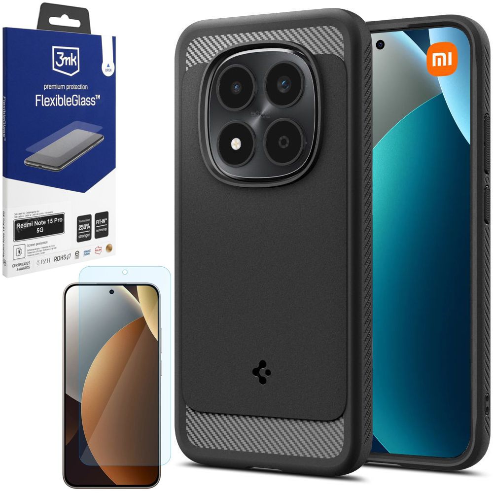 Etui SPIGEN Rugged Armor | Black + SZKŁO 3mk Flexible Glass do Xiaomi Redmi Note 15 Pro 5G