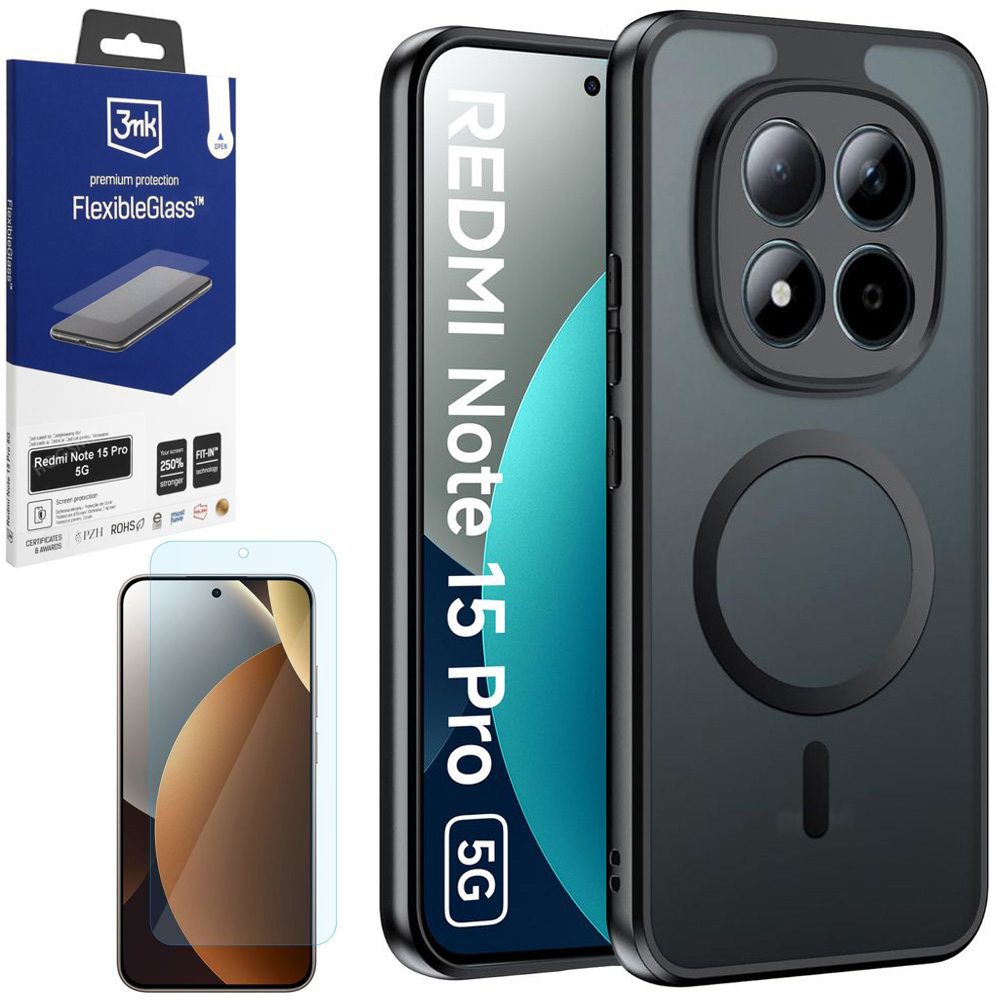 Etui Hybrydowe Matte Case z MagSafe | Black + SZKŁO 3mk Flexible Glass do Xiaomi Redmi Note 15 Pro 5G