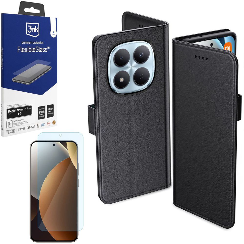 Etui z Klapką Wallet Case | Czarne +SZKŁO 3mk Flexible Glass do Xiaomi Redmi Note 15 Pro 5G