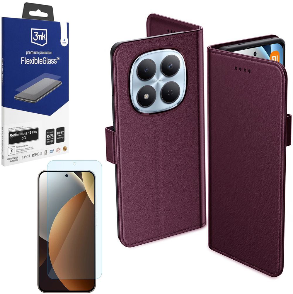 Etui z Klapką Wallet Case | Bordowe + SZKŁO 3mk Flexible Glass do Xiaomi Redmi Note 15 Pro 5G