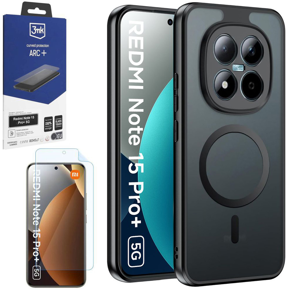 Etui Hybrydowe Matte Case z MagSafe | Black + FOLIA 3mk do Xiaomi Redmi Note 15 Pro+ 5G