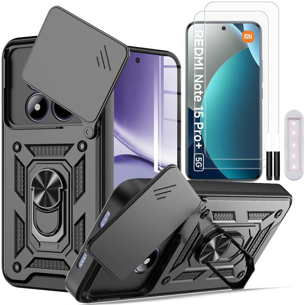 Hybrydowe Etui Ring Camshield | Czarne + 2x SZKŁO UV do Xiaomi Redmi Note 15 Pro+ Plus 5G
