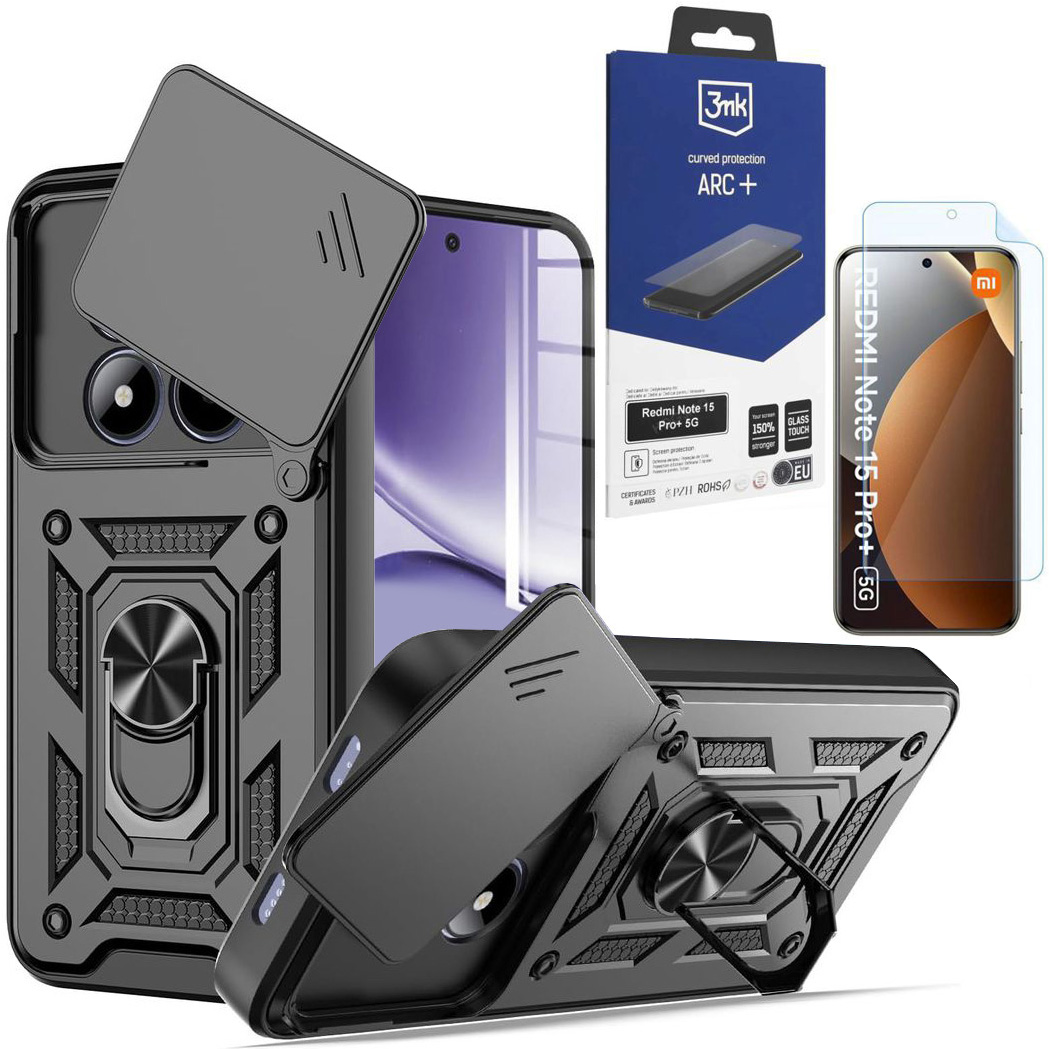 Hybrydowe Etui Ring Camshield | Czarne + FOLIA 3mk do Xiaomi Redmi Note 15 Pro+ 5G