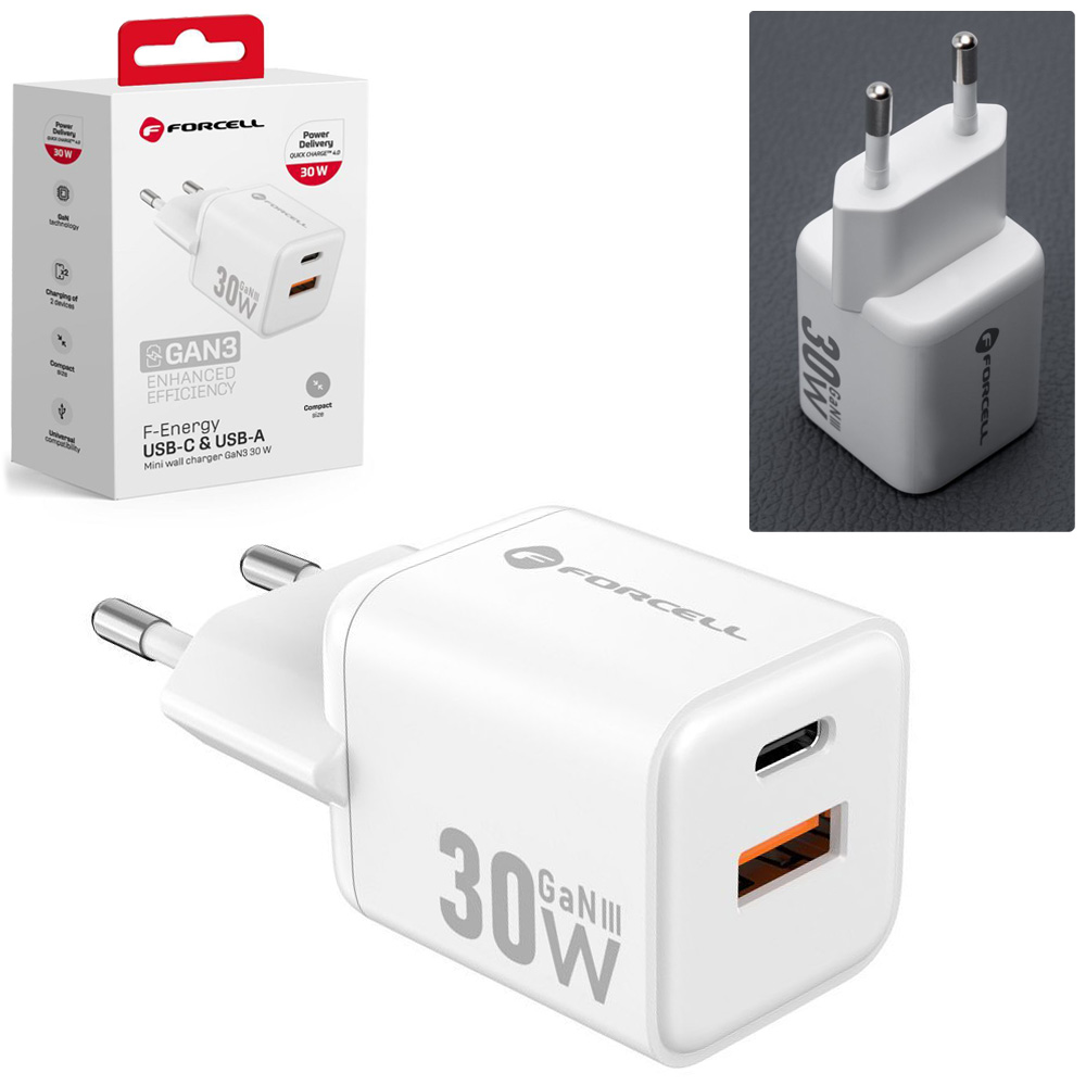 Forcell | Mini Ładowarka Sieciowa USB-A USB-C | GaN3 30W | Biała