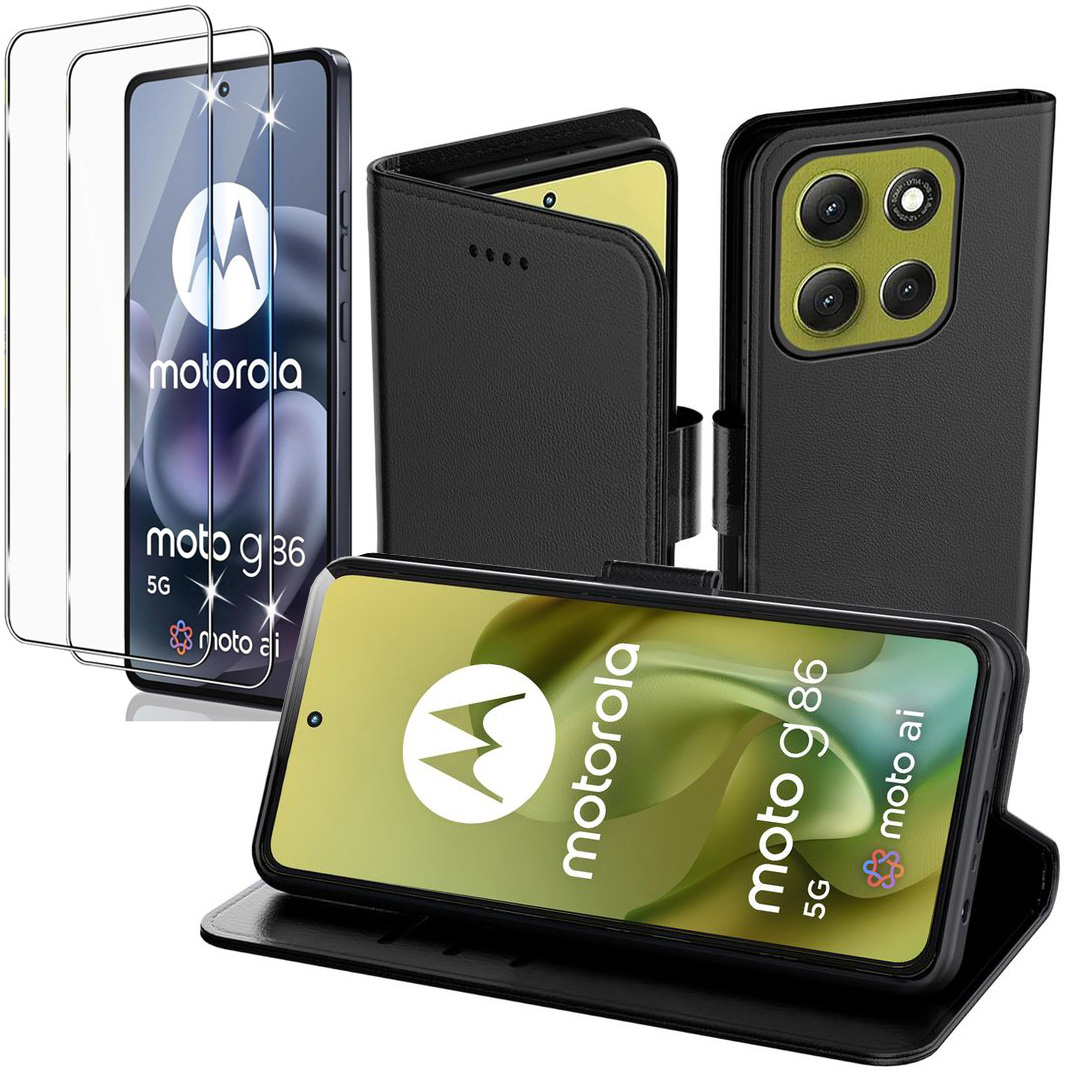Etui z Klapką Wallet Case | Czarne + 2x SZKŁO 5D do Motorola Moto G86 / Power 5G