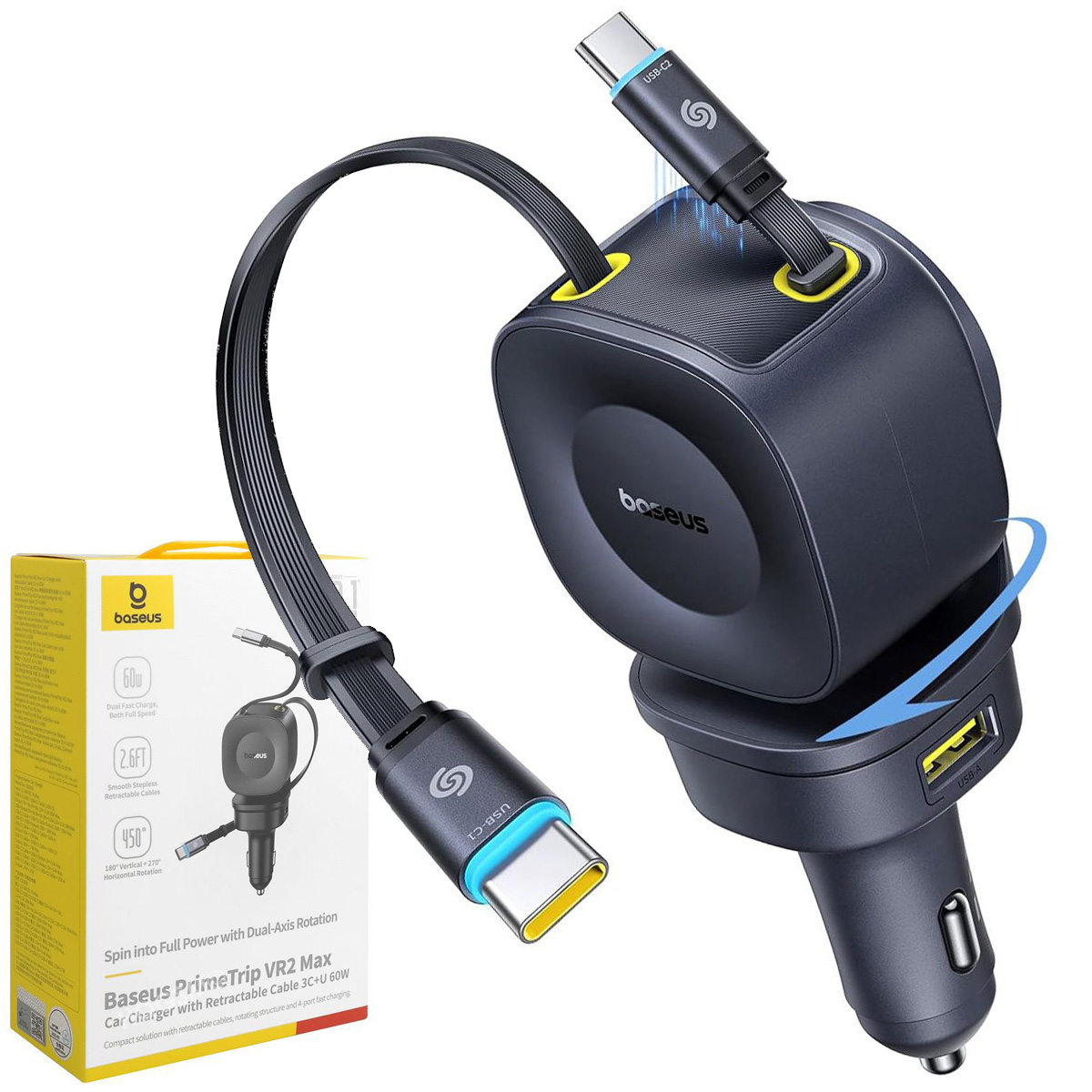 Baseus PrimeTrip VR2 Max | Ładowarka Samochodowa | 2x Zwijany Kabel USB-C + Port USB-C + Port USB-A | 60W