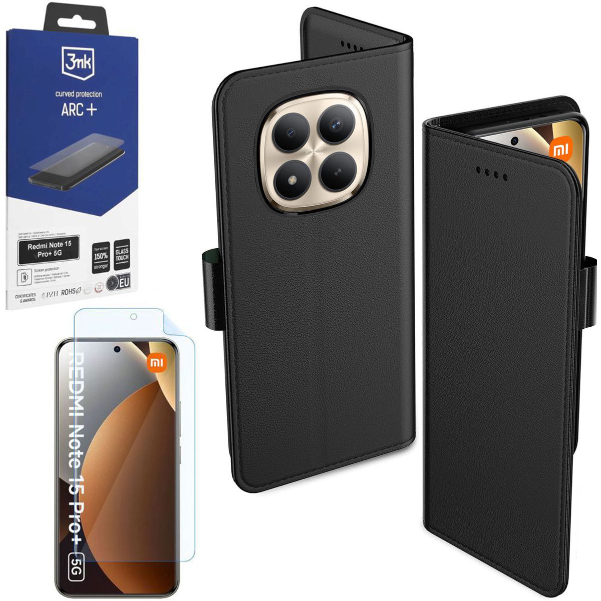 Etui z Klapką Wallet Case | Czarne + FOLIA 3mk do Xiaomi Redmi Note 15 Pro+ 5G