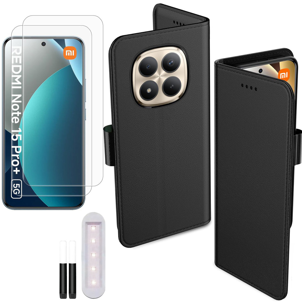 Etui z Klapką Wallet Case | Czarne+ 2x SZKŁO UV do Xiaomi Redmi Note 15 Pro+ Plus 5G