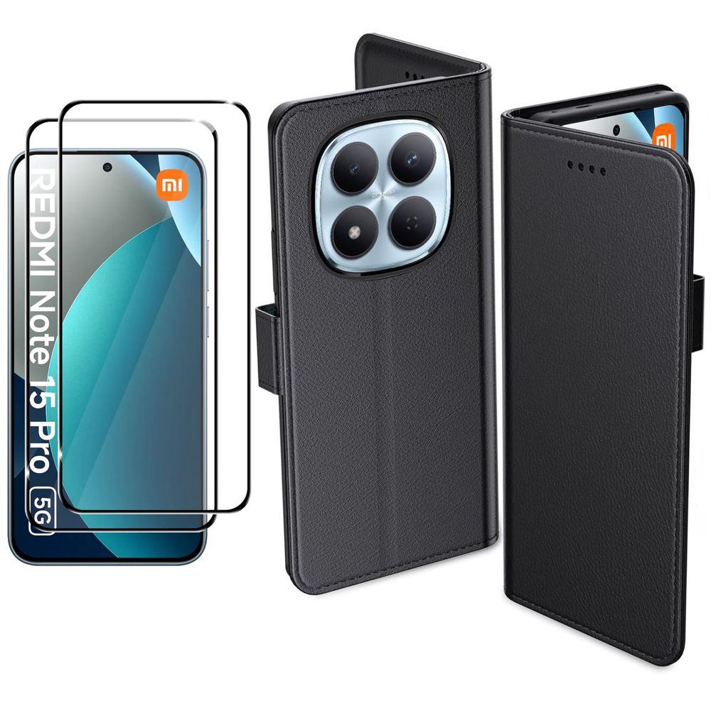 Etui z Klapką Wallet Case | Czarne + 2x SZKŁO 5D do Xiaomi Redmi Note 15 Pro 5G