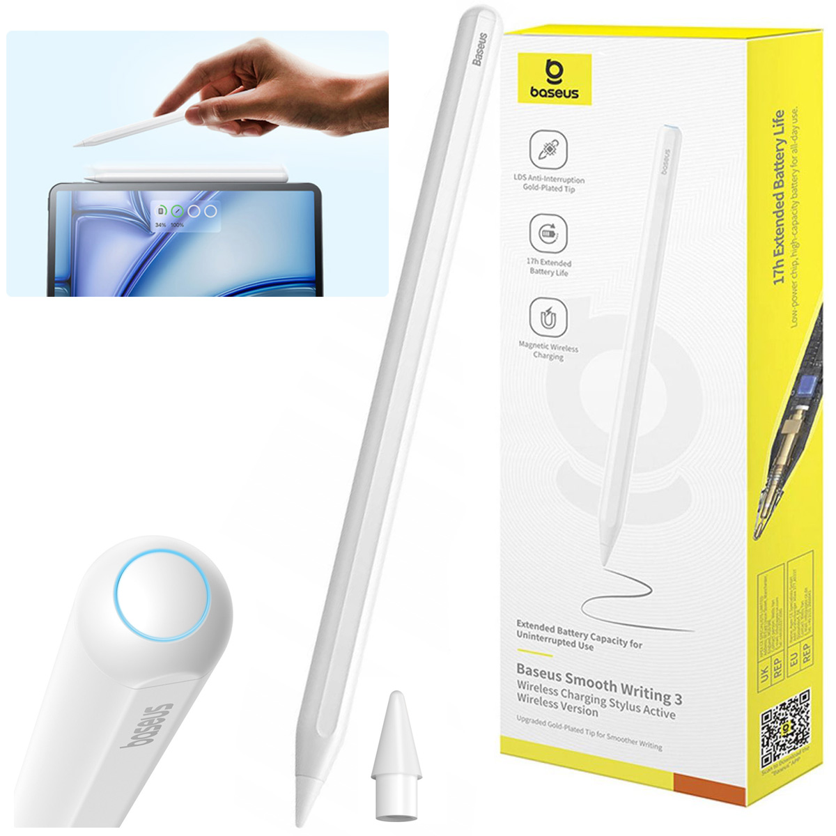 Baseus Pencil Smooth 3 | Magnetyczny Bezprzewodowy Rysik + Końcówka | Biały do Apple iPad