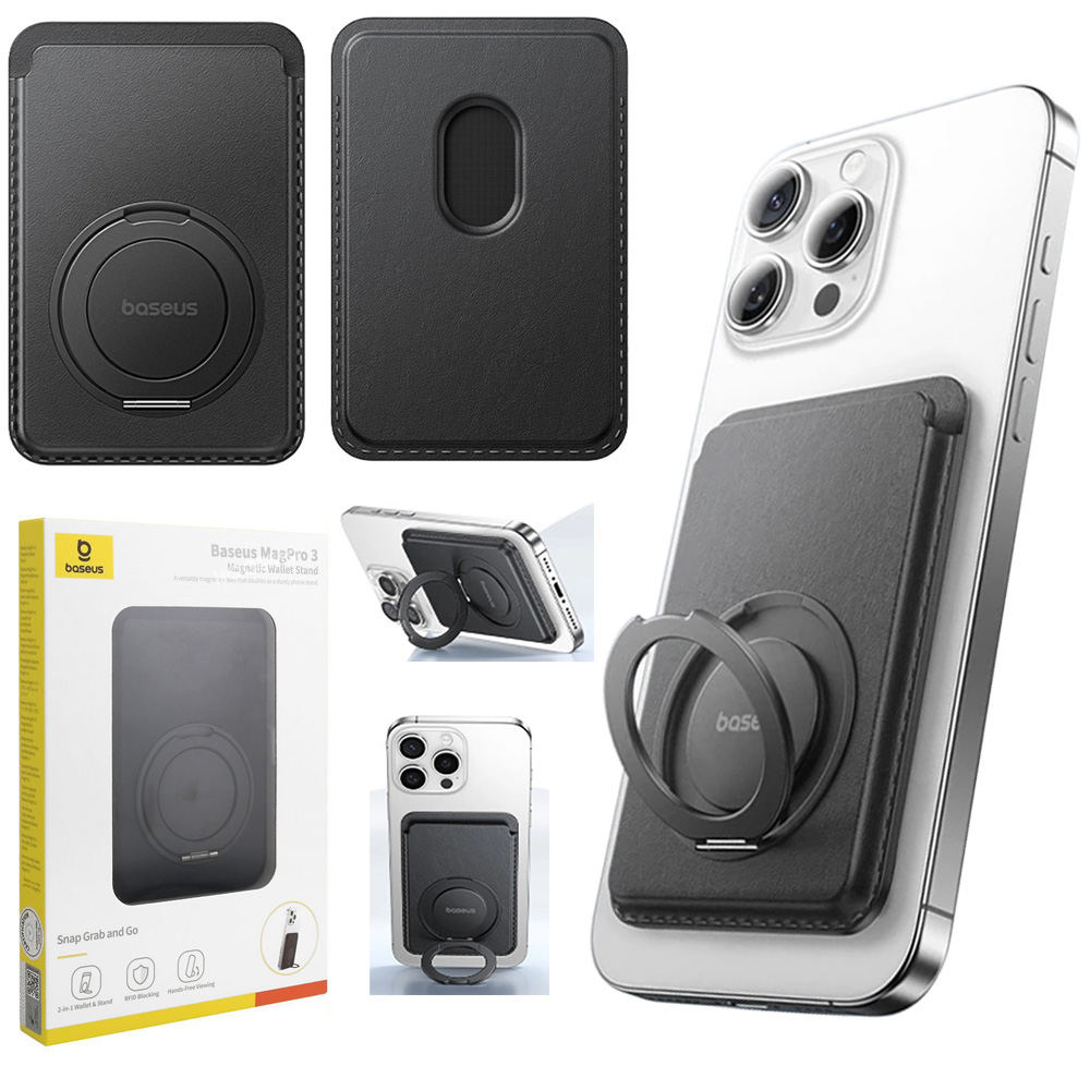 Baseus MagPro3 | 3w1 Magnetyczny Portfel na Karty z RFID + Podstawka + Ring na Palec | Czarny