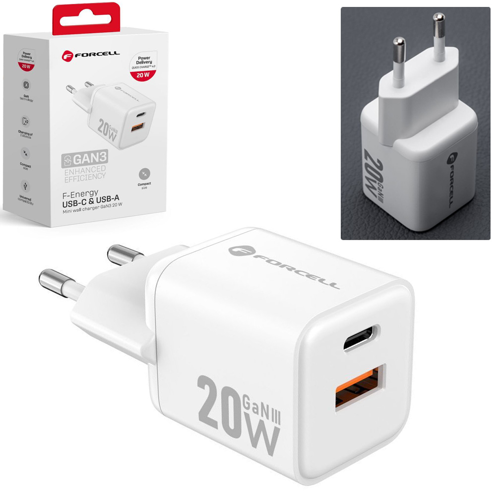 Forcell | Mini Ładowarka Sieciowa USB-A USB-C | GaN3 20W | Biała