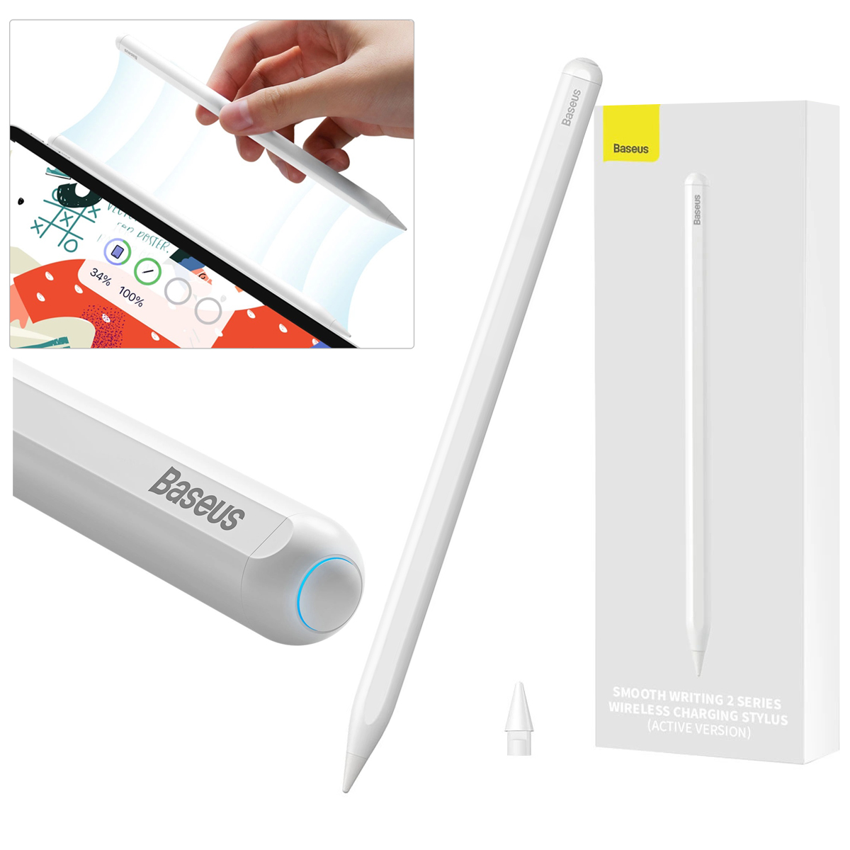 Baseus Pencil Smooth 2| Magnetyczny Bezprzewodowy Rysik + Końcówka | Biały do Apple iPad