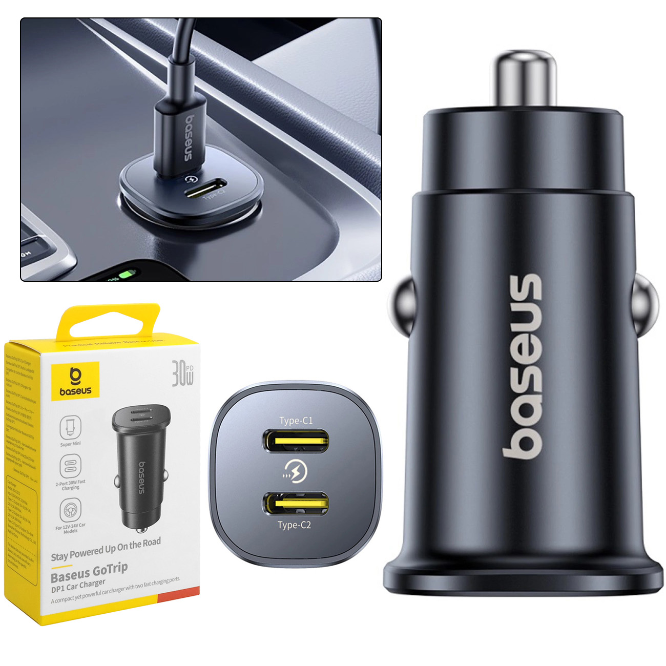 Baseus DP1 | Mini Ładowarka Samochodowa 2x USB-C PD | 30W