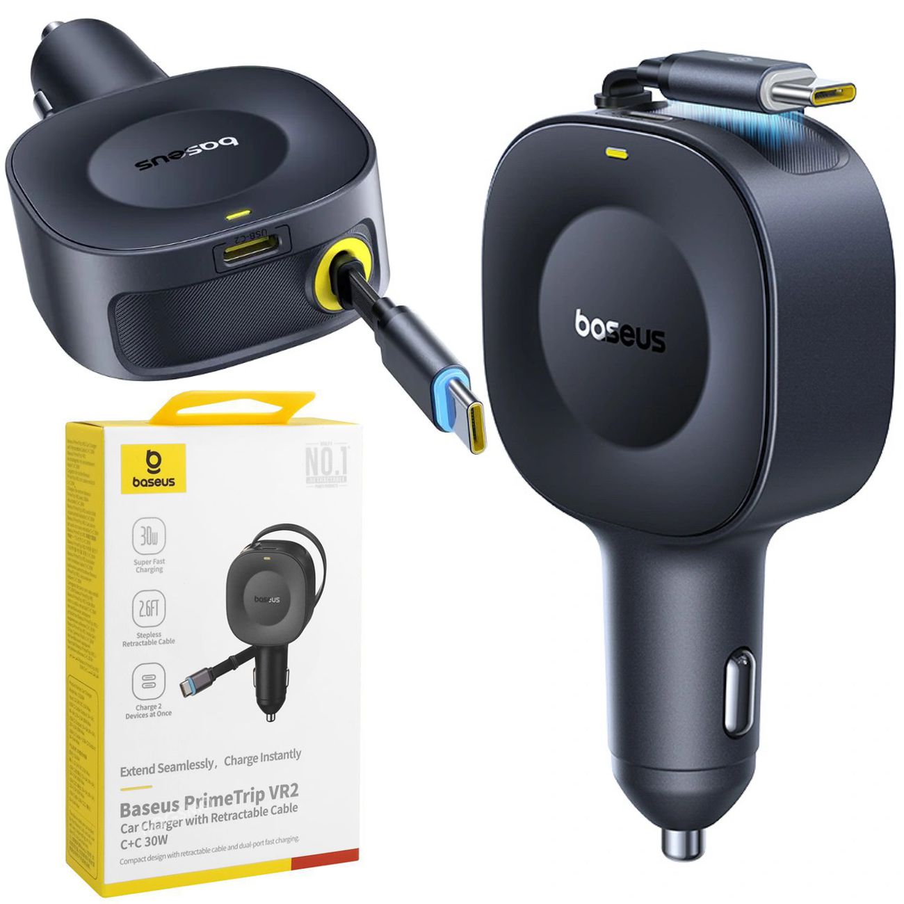 Baseus PrimeTrip VR2 | Ładowarka Samochodowa ze Zwijanym Kablem i Portem USB-C | 30W