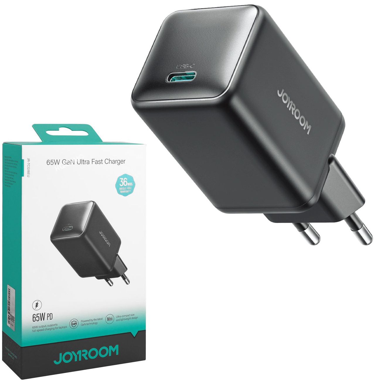 Joyroom | Szybka Ładowarka Sieciowa USB-C GaN | 65W PD QC | Czarna